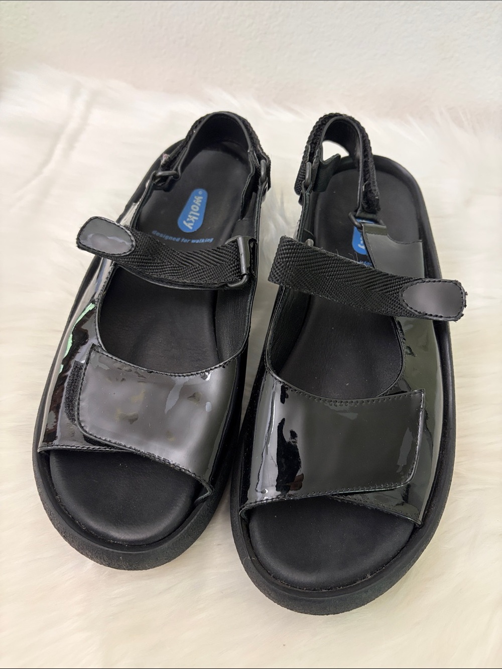Wolky Black Patent Velcro Sandals
